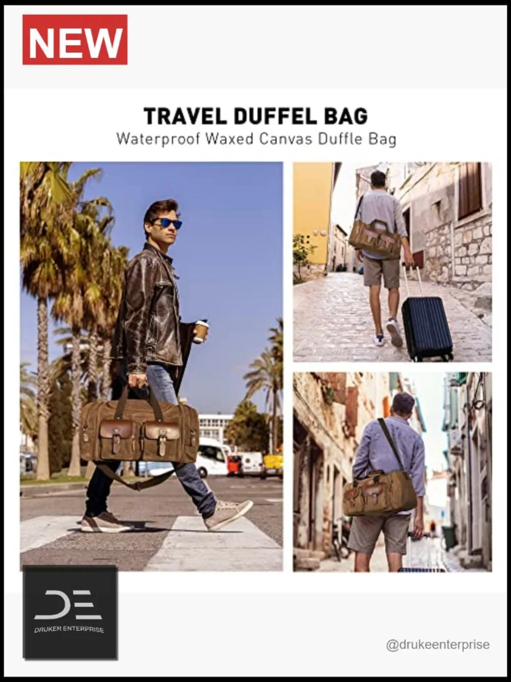 Waxed Canvas Genuine Leather 50L Waterproof Duffle Bag - Travel Weekender